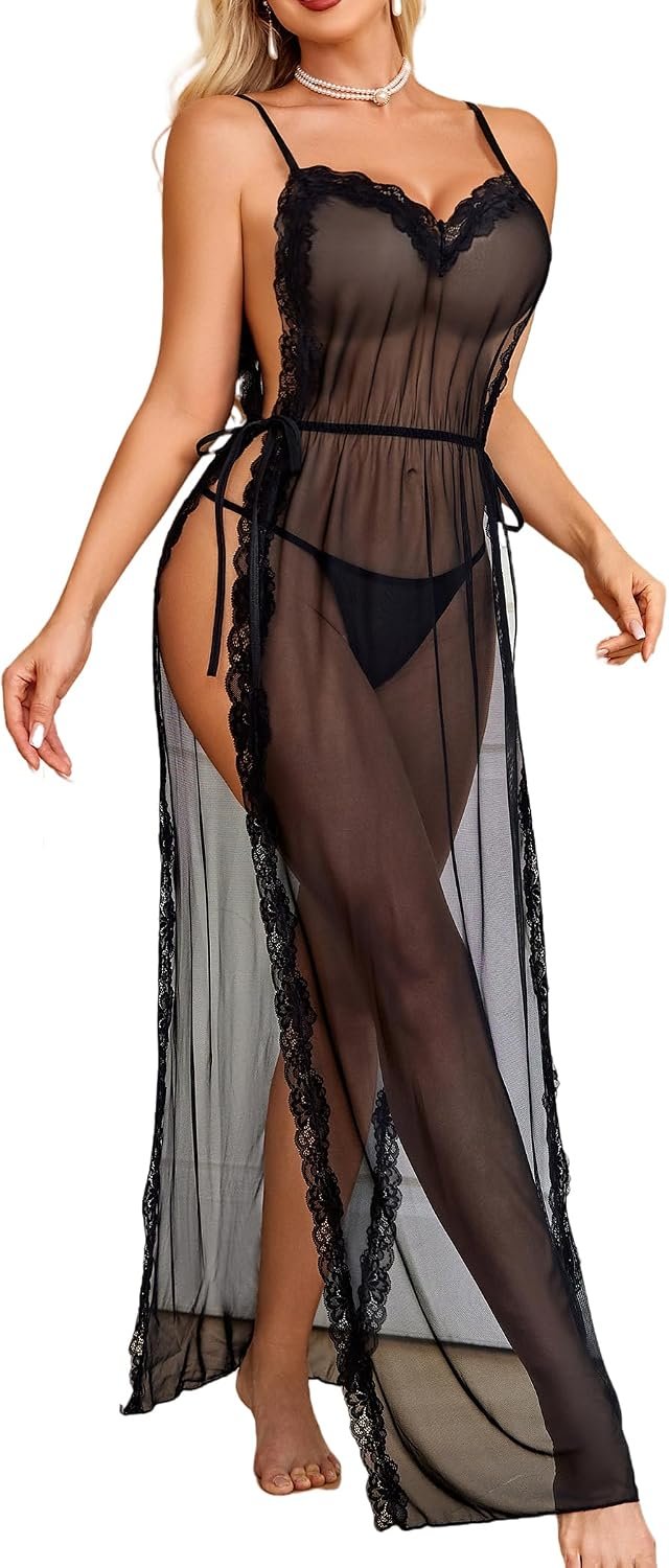 Avidlove Women Lingerie Sexy Nightgowns Lace Babydoll Mesh Sleepwear Long Lingerie Dress Side Split Nightdress S-XXL