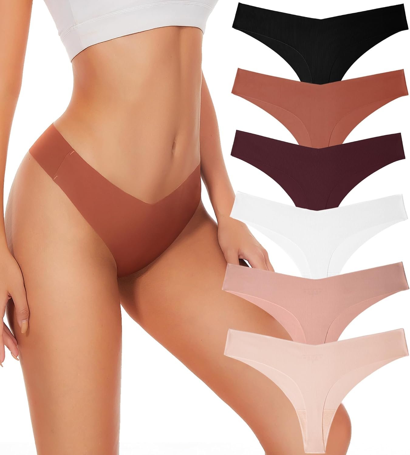 Seamless Thongs For Women V-waisted No Show Thong Seamless Panties Breathable Comfortable Underwear Womens 6-Pack