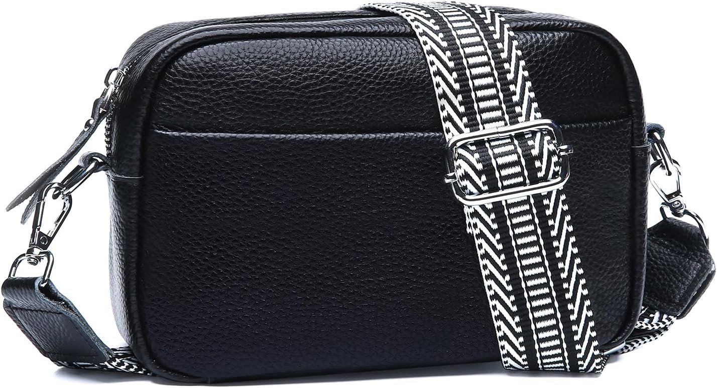 Small Crossbody Bags for Women Genuine Leather, Guitar Strap Shoulder Handbag Purse Camera Bag with Rfid Card Slots, Black