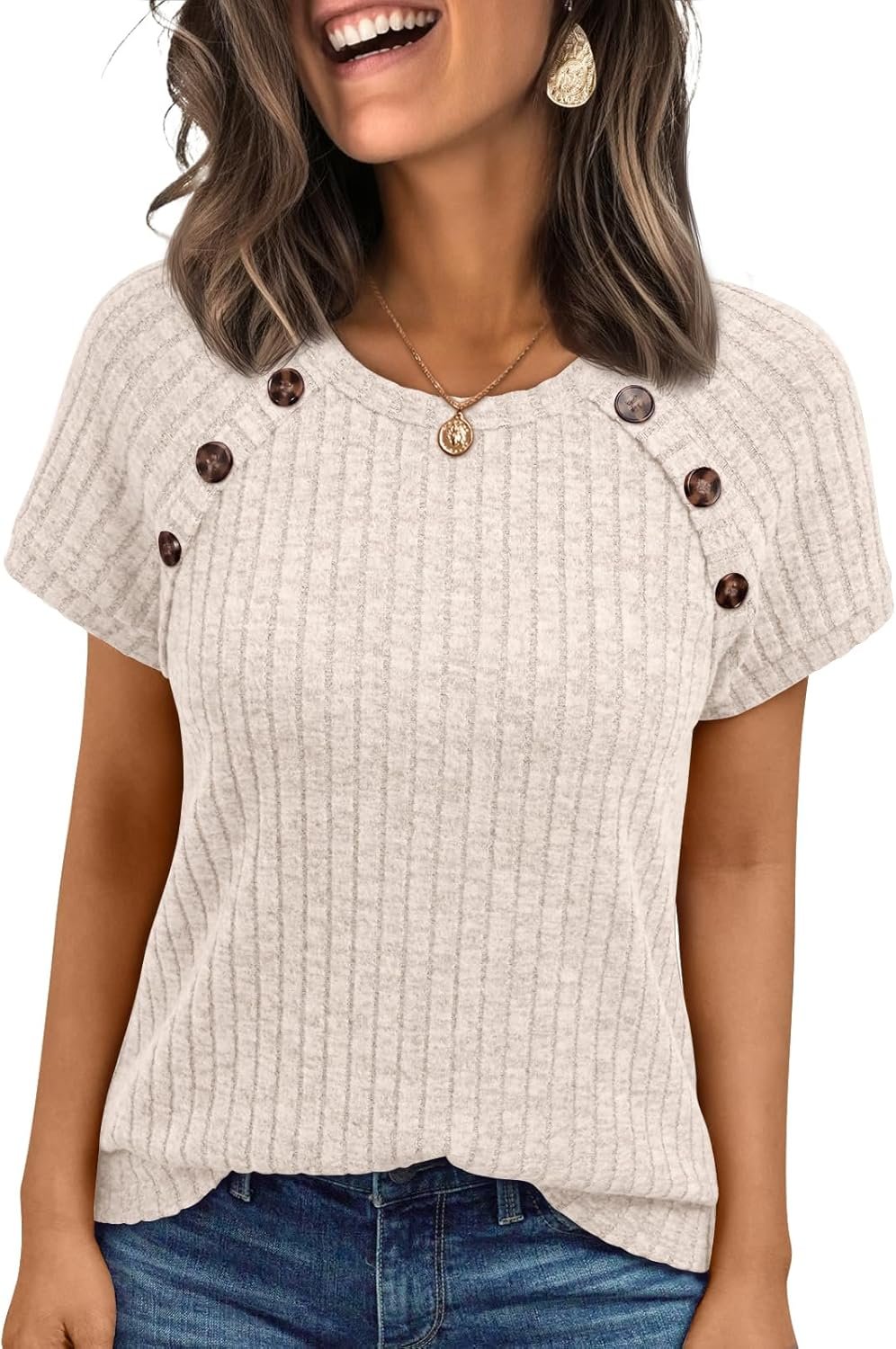 AUTOMET Women’s Short Sleeve Decorative Buttons Shirts Business Casual Tops