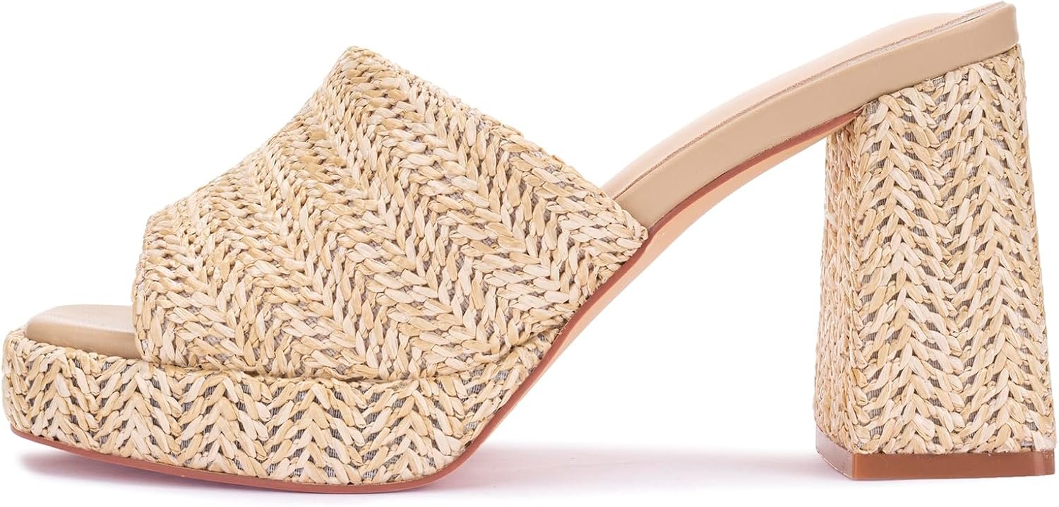 Monrovia Raffia Heeled Sandals for Women，Platform Wedge Slip On Block Heel, Dressy Summer Open Toe Chunky High Heel Vacation Beach Slides Sandals