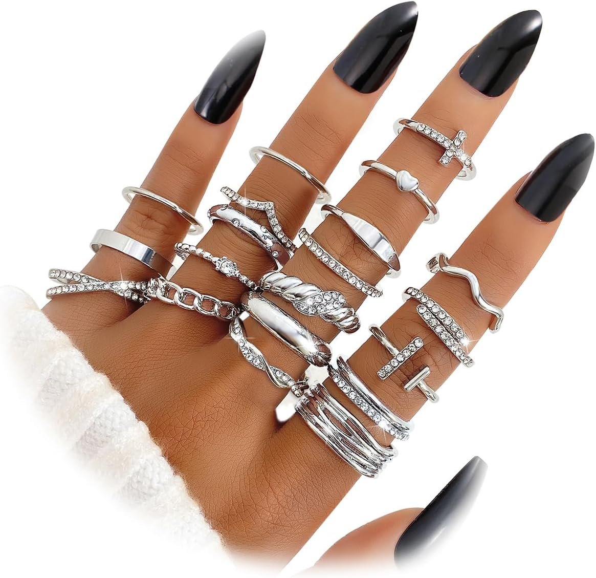KISS WIFE 20Pcs Stackable Rings for Women, Gold Black Silver Knuckle Ring Set, Dainty Chunky Statement Rings for Daily Wear Party Wedding Travel