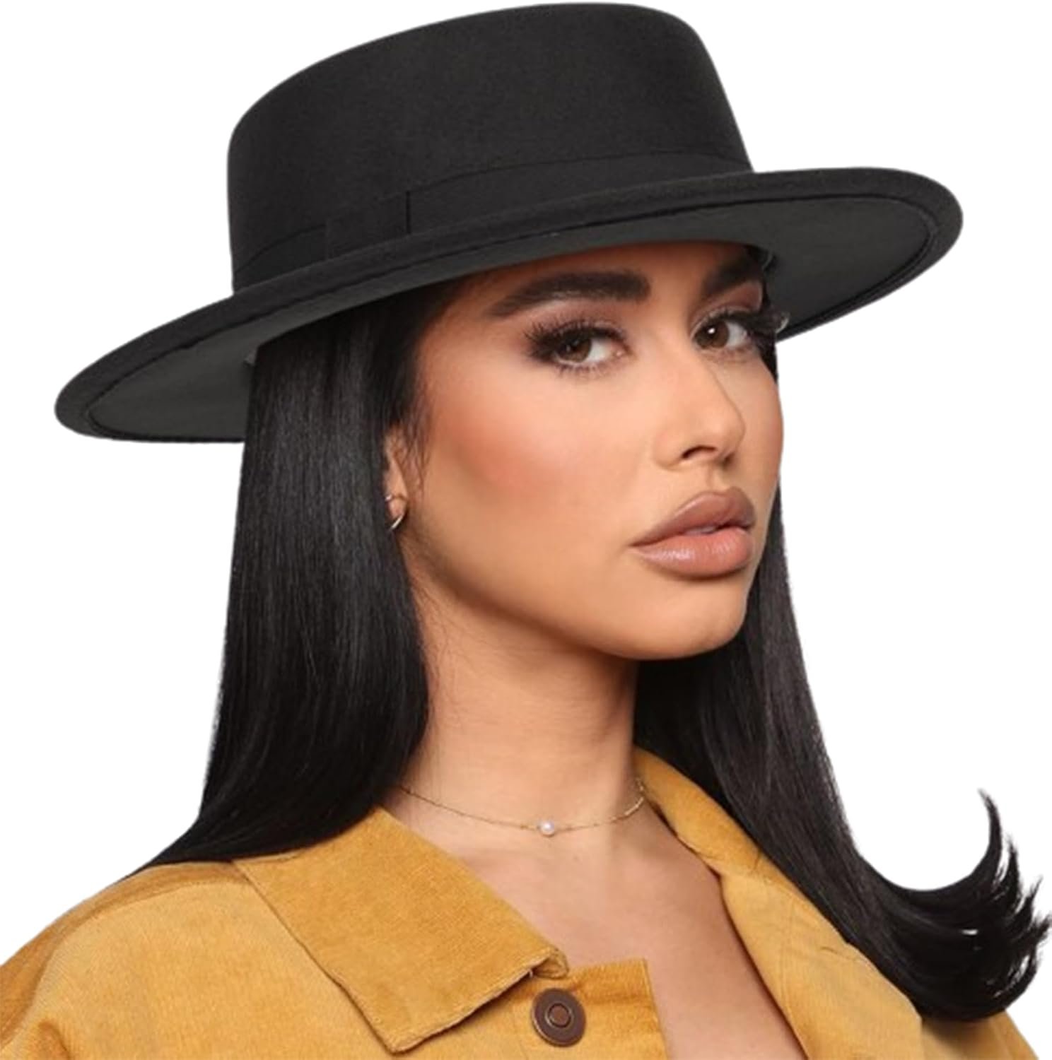 Pork-Pie-Fedora-Hat Wide Brim Felt Flat-Top-Boater Hat for Men Women