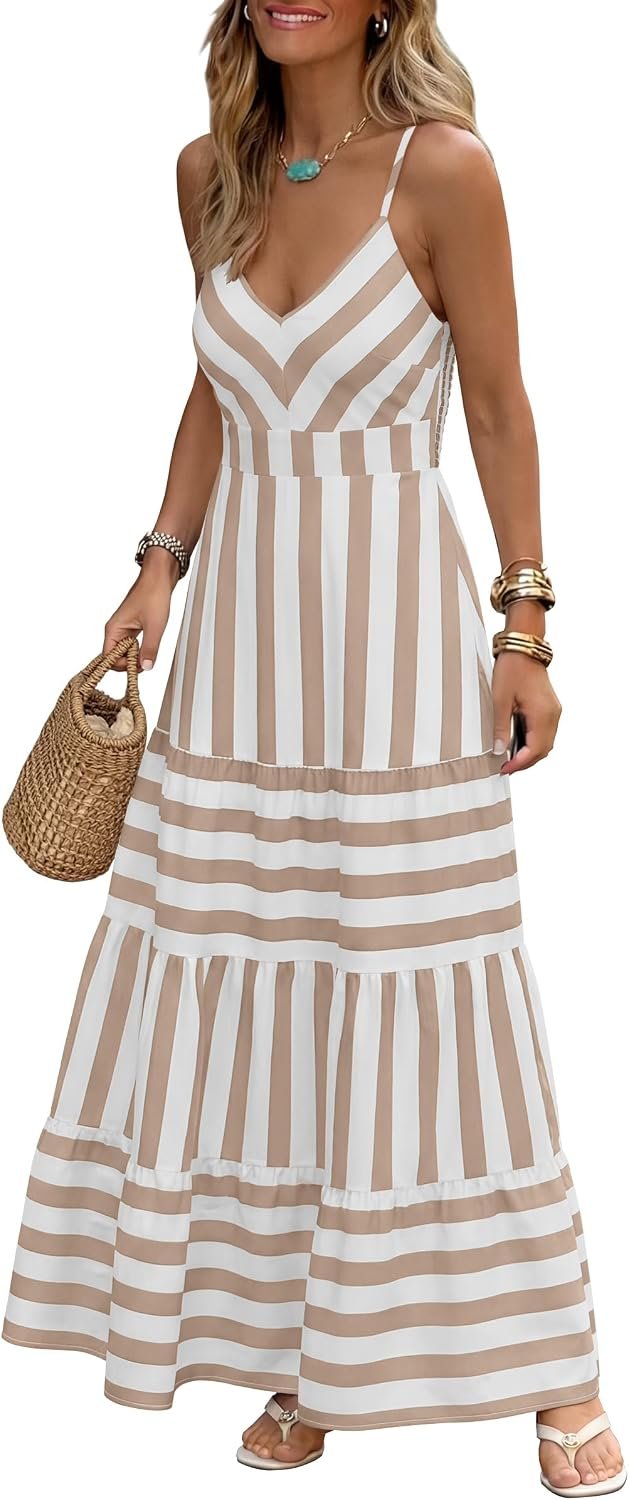 Caracilia Women’s Gingham Striped Smocked Maxi Dress Pink Red Stripe S | Spaghetti Strap,Pockets,V Neck A-Line ,Checkered Plaid，Boho Beach Resort,Vacation Cruise Outfits,Summer Fall