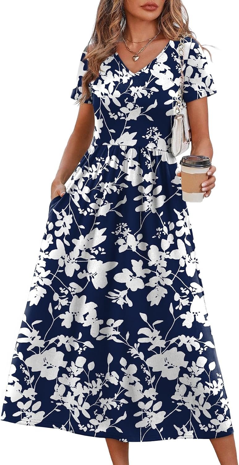 OFEEFAN Summer Dresses for Women Flowy Casual A-Line Midi Dress Beach Vacation Sundresses with Pockets S-2XL