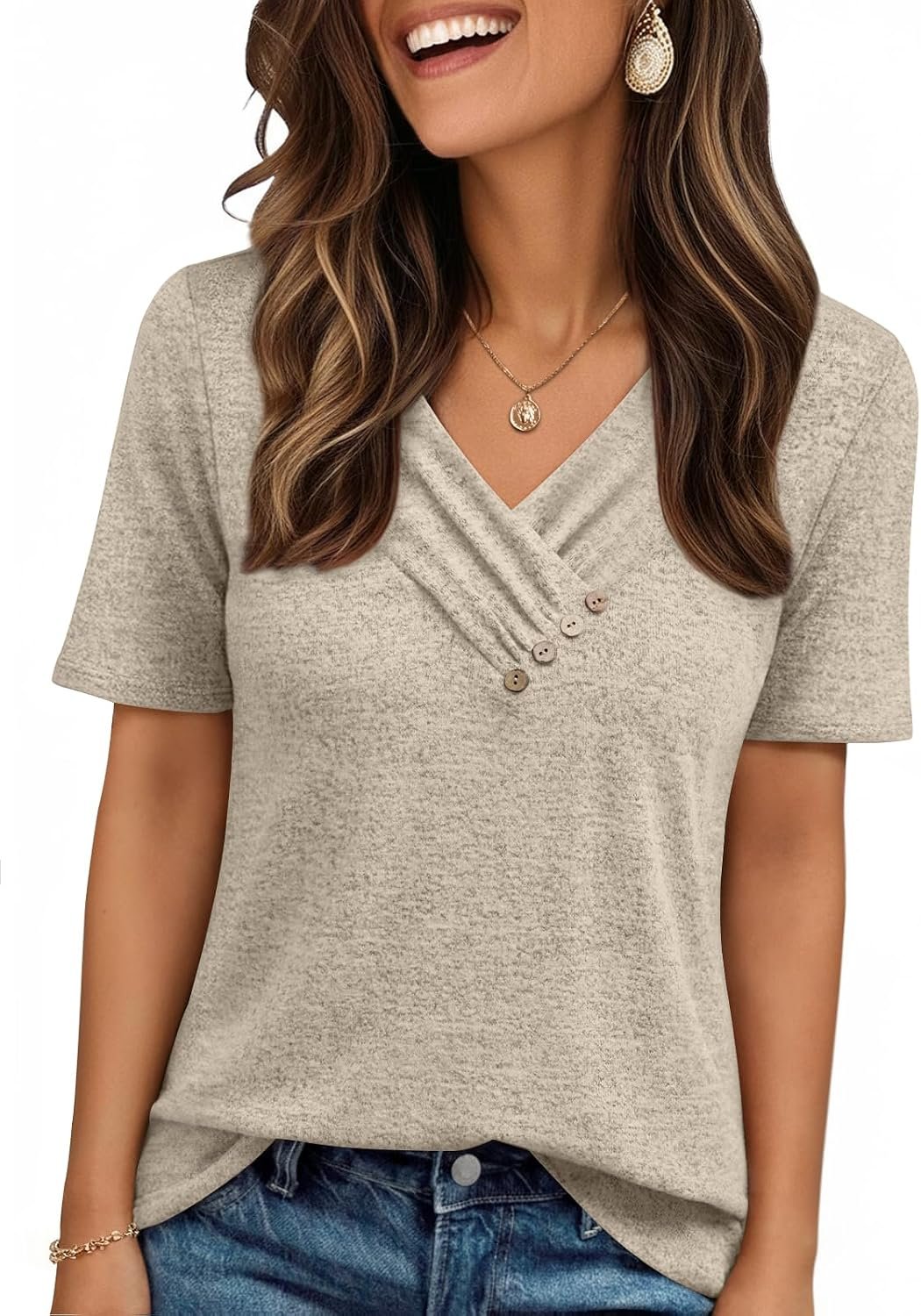 AUTOMET Womens Short Sleeve Tunic Top Spring Summer V Neck Button Shirts 2026 Dressy Casual Business Blouses