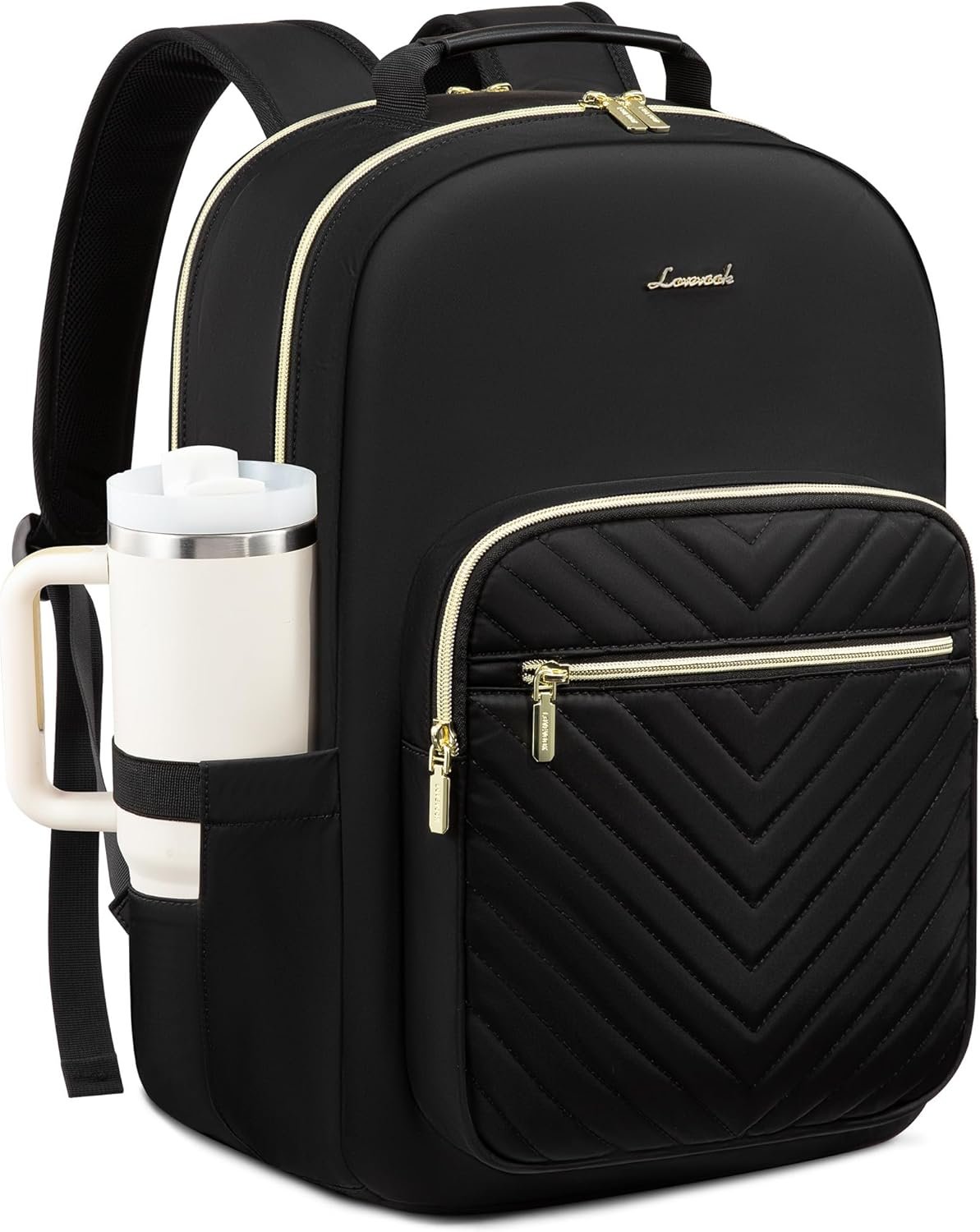 LOVEVOOK Laptop Backpack for Women with Giant Tumbler Holder 15.6 inch,Designer Travel Backpack Laptop Bag College Backpack,Quilted Work Nurse Teacher Backpack Purse Computer Bag Casual Daypack, Black
