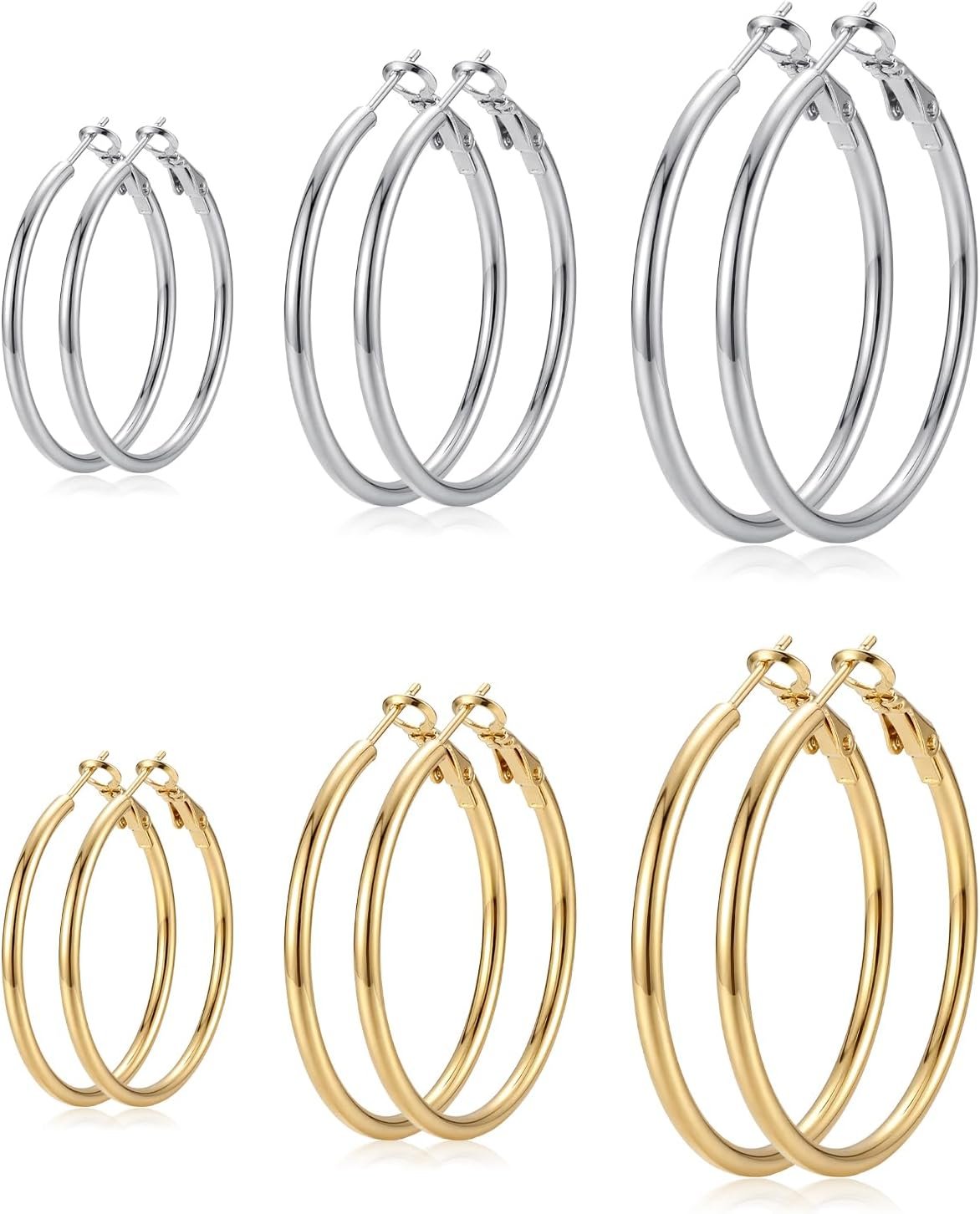 4/5/6 Pairs Gold Hoop Earrings for Women, Hypoallergenic Silver Gold Plated Stainless Steel Huggie Hoop Earrings Set Trendy Jewelry Gifts Lightweight 30/40/50/60/70MM