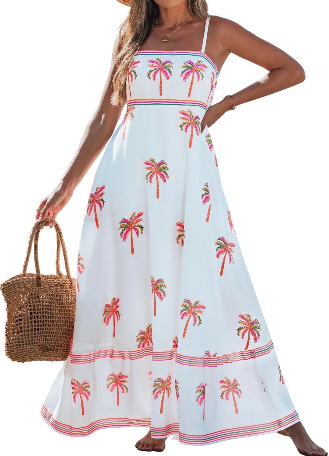 popvil Women Summer Maxi Dress 2026 Spaghetti Strap Long Beach Dress Boho A-Line Flowy Casual Sleeveless Sun Dress
