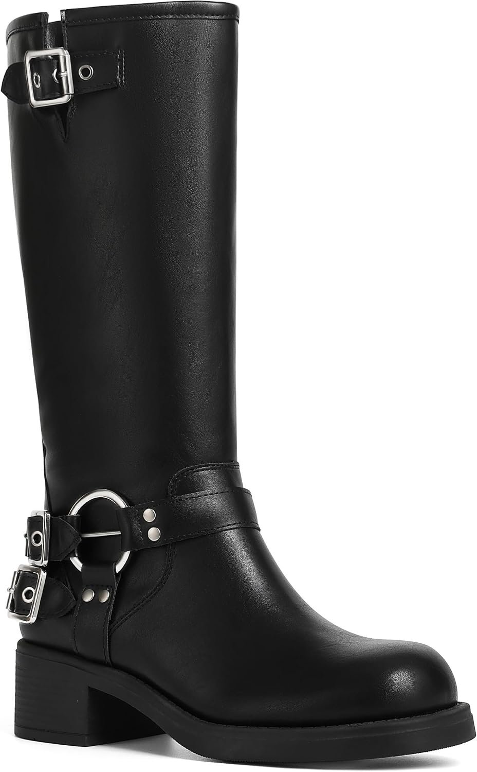AMINUGAL Knee High Boots Women Square Toe Pull On Wide Calf Riding Fashion Buckles Chunky Metallic Casual Vintage Buckle Rivet