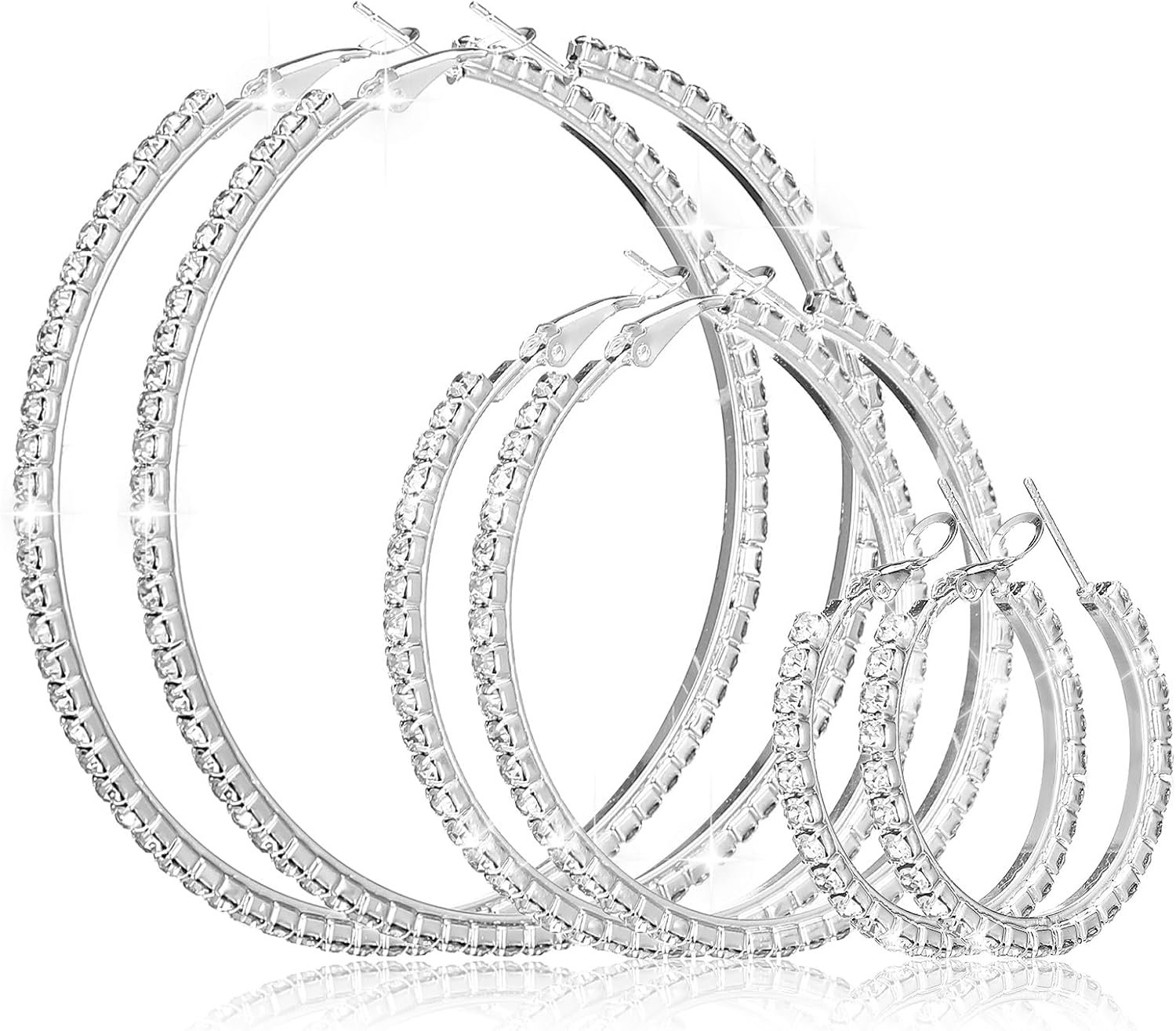 3 Pairs Rhinestone Hoop Earrings Set, 3/5/7 cm Shiny Round Party Lightweight Rhinestone Sparkly Hoop for Wedding Party Gift