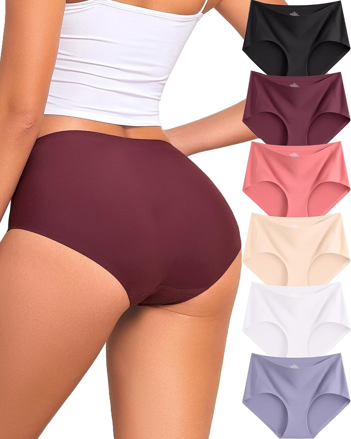 FINETOO 6 Pack Womens Seamless Underwear Full Coverage No Show Hipster Panties Sexy Stretchy Invisible Briefs Bikini Lingerie
