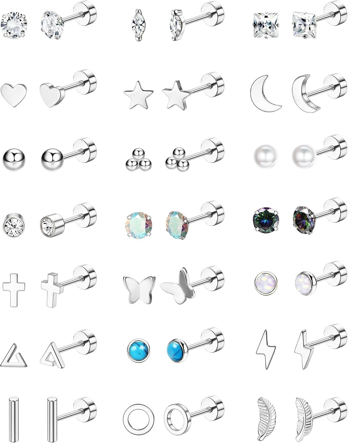 Jstyle 21 Pairs Hypoallergenic Flat Back Stud Earrings for Women Men Surgical Stainless Steel Earrings for Sensitive Ears Cartilage Earring Small Studs Earrings Set Stacks Screw Back Earrings Piercing