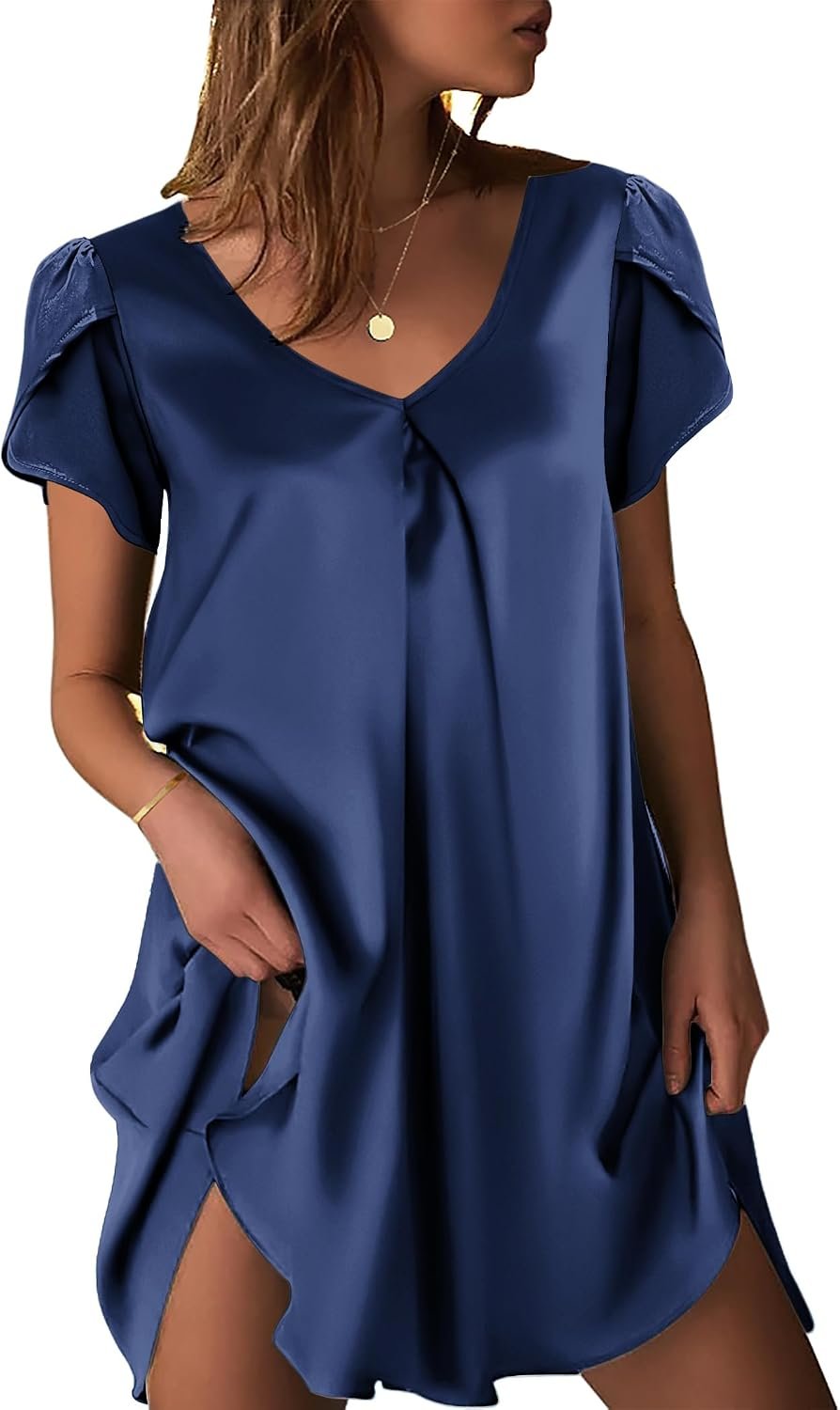 Ekouaer Women’s Satin Nightgown Short Sleeve Sleepdress V-Neck Sleepwear Loose Silk Sleepshirt