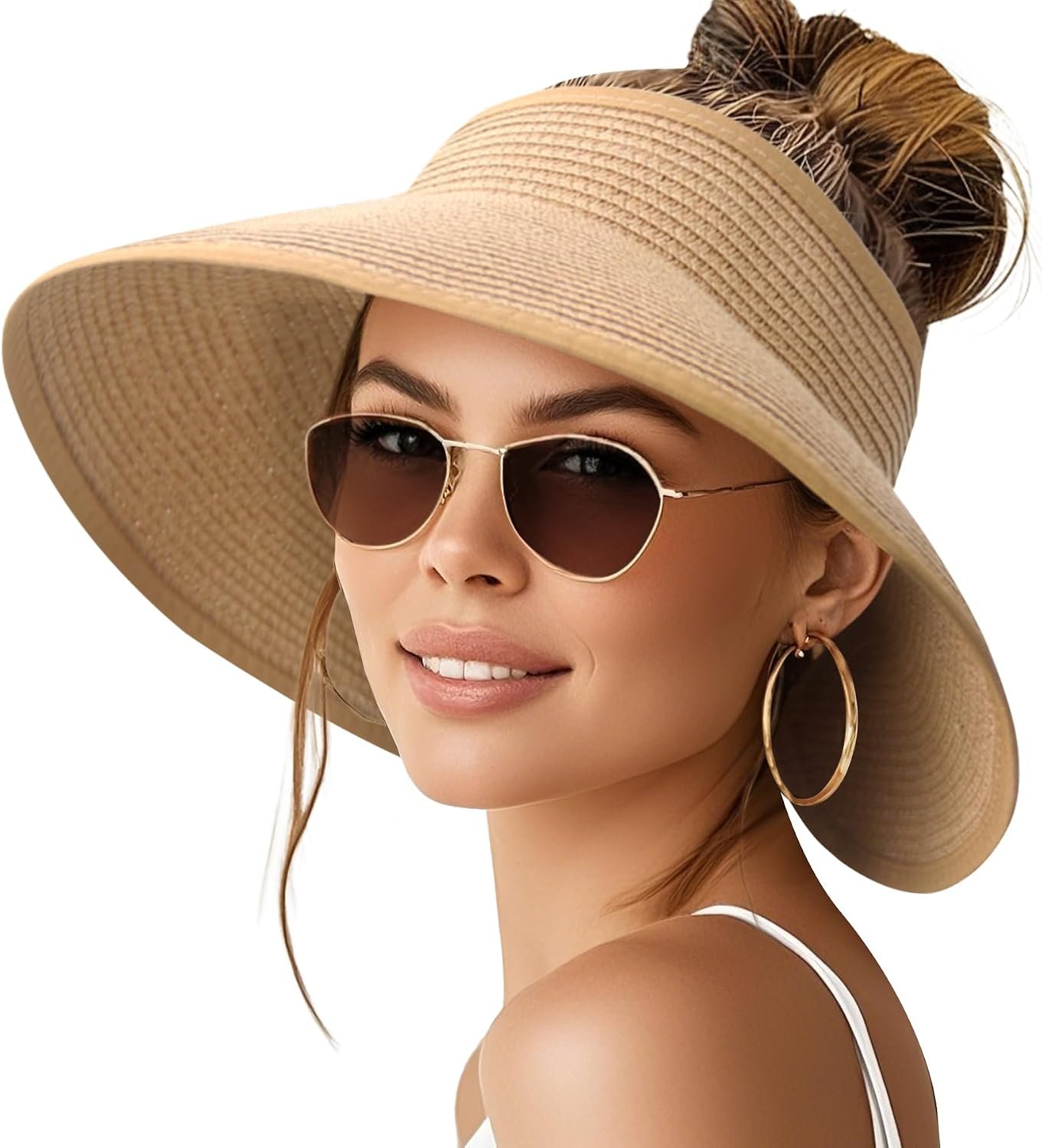 NPQQUAN Sun Visor Hats for Women Wide Brim Ponytail Straw Beach Hat Packable Foldable UPF 50+ Floppy Travel Hats