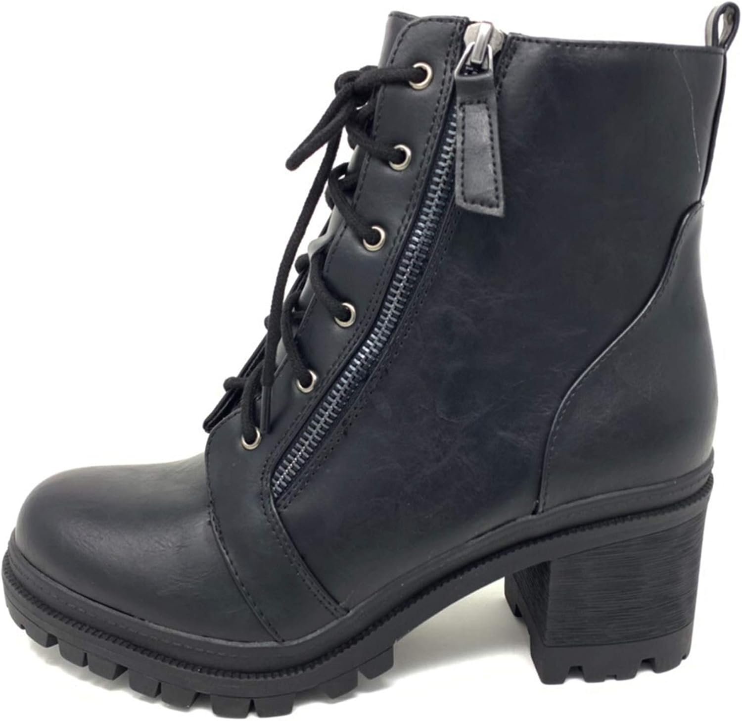 Soda Indiana Women’s Faux Leather Lace Up High Chunky Heel Ankle Booties