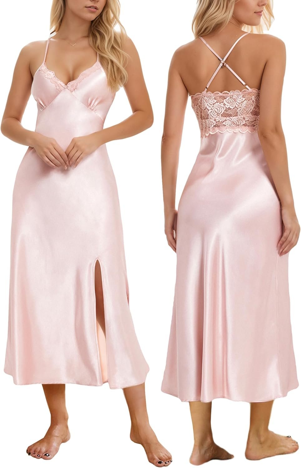ALCEA ROSEA Women Silk Satin Nightgown Sexy Lace Chemise Lingerie Long Sleepdress for Ladies Sleepwear Slip Negligee