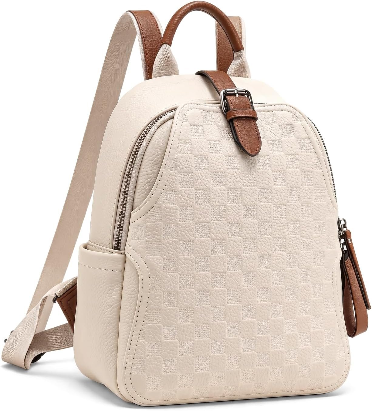 Small Backpack Purse for Women, Cute Plaid PU Leather Women Backpack Rucksack Lightweight Shoulder School Bag & Travel Daypack for Work White
