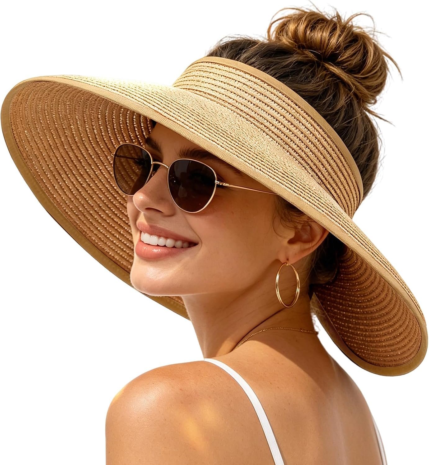 Sun Hats Visor for Women, UV UPF Straw Beach Hat Foldable Wide Brim Ponytail Summer Hats Packable Travel