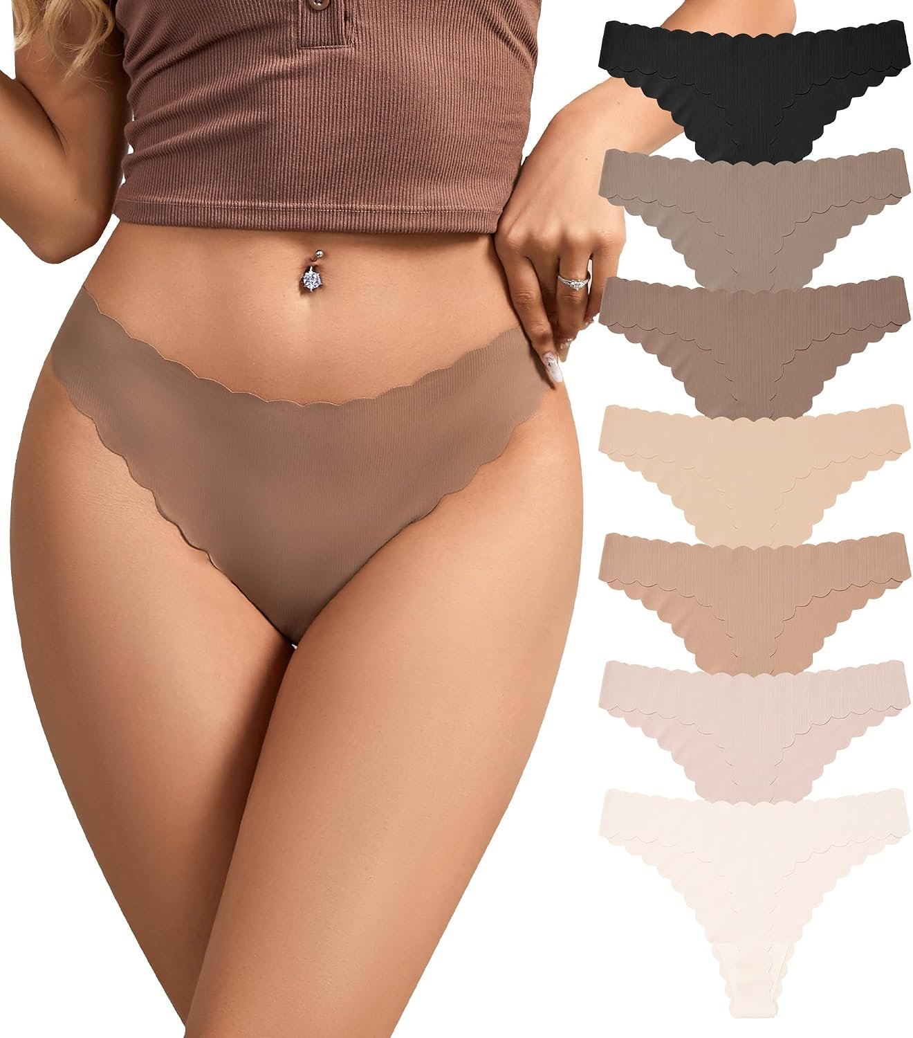 SHARICCA Womens Seamless Thongs No Show Underwear Soft Ribbed Invisible Panties Wave Edge Multi Pack