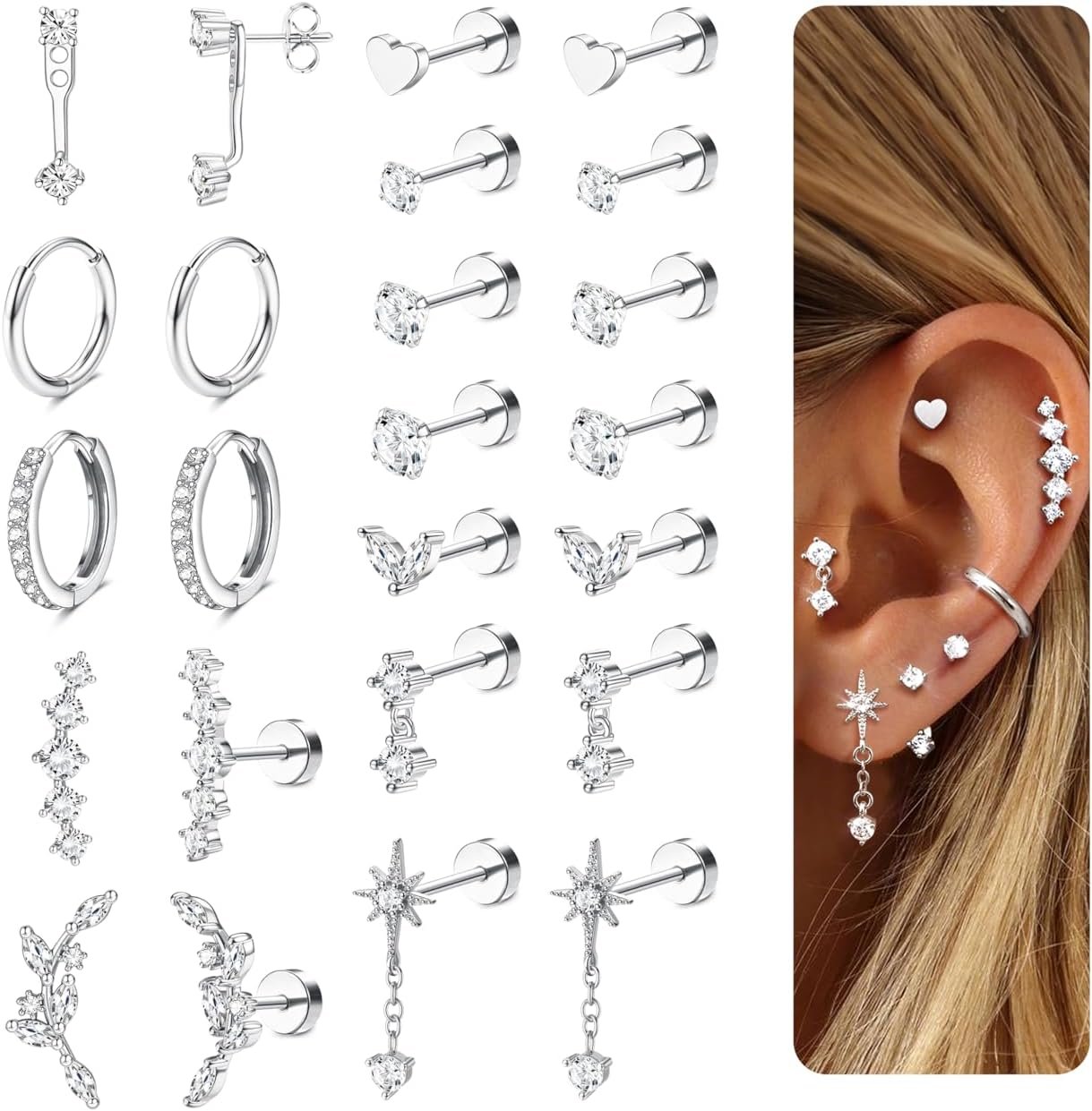 LOLIAS Hypoallergenic Flat Back Earrings-Cartilage Earring Stacks-Surgical Steel Earrings for Sensitive Ears – Small Stainless Steel Flatback Stud Hoop Earring Sets for Helix Tragus Conch Daith Multiple Piercing Jewelry Trendy