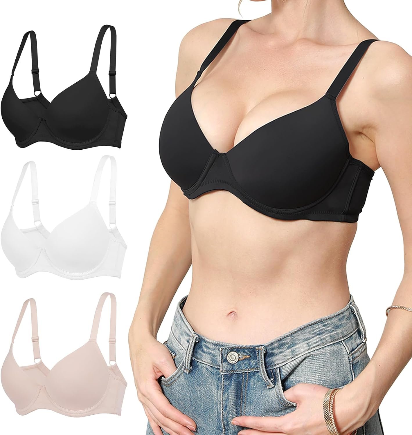 3PC Pack Bras for Women Push up t Shirt Bra Set Women’s Underwear with Support Anti-Sag Underwire Padded Everyday Comfortable