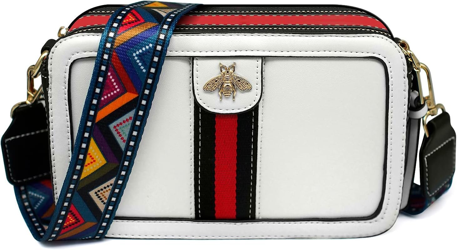Beatfull Designer Crossbody Bag Bee Shoulder Purse for Women Trendy Wide Strap Camera Clutch PU Leather Handbag