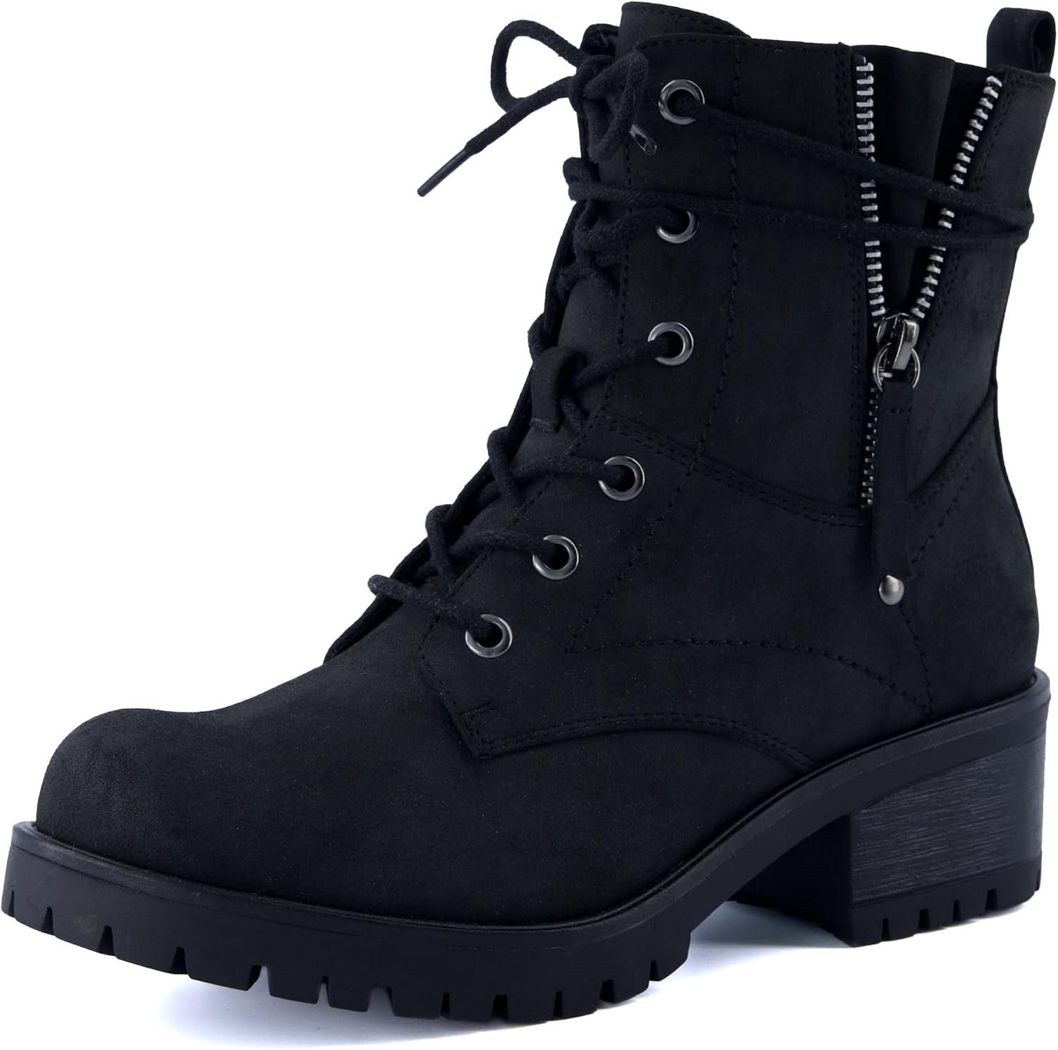 Dunes Women’s Kobe Heeled Combat Boots – Lace-Up with Side Zipper, Memory Foam Insoles, Faux Fur Lining, Vegan Nubuck Leather, Wide Widths Available