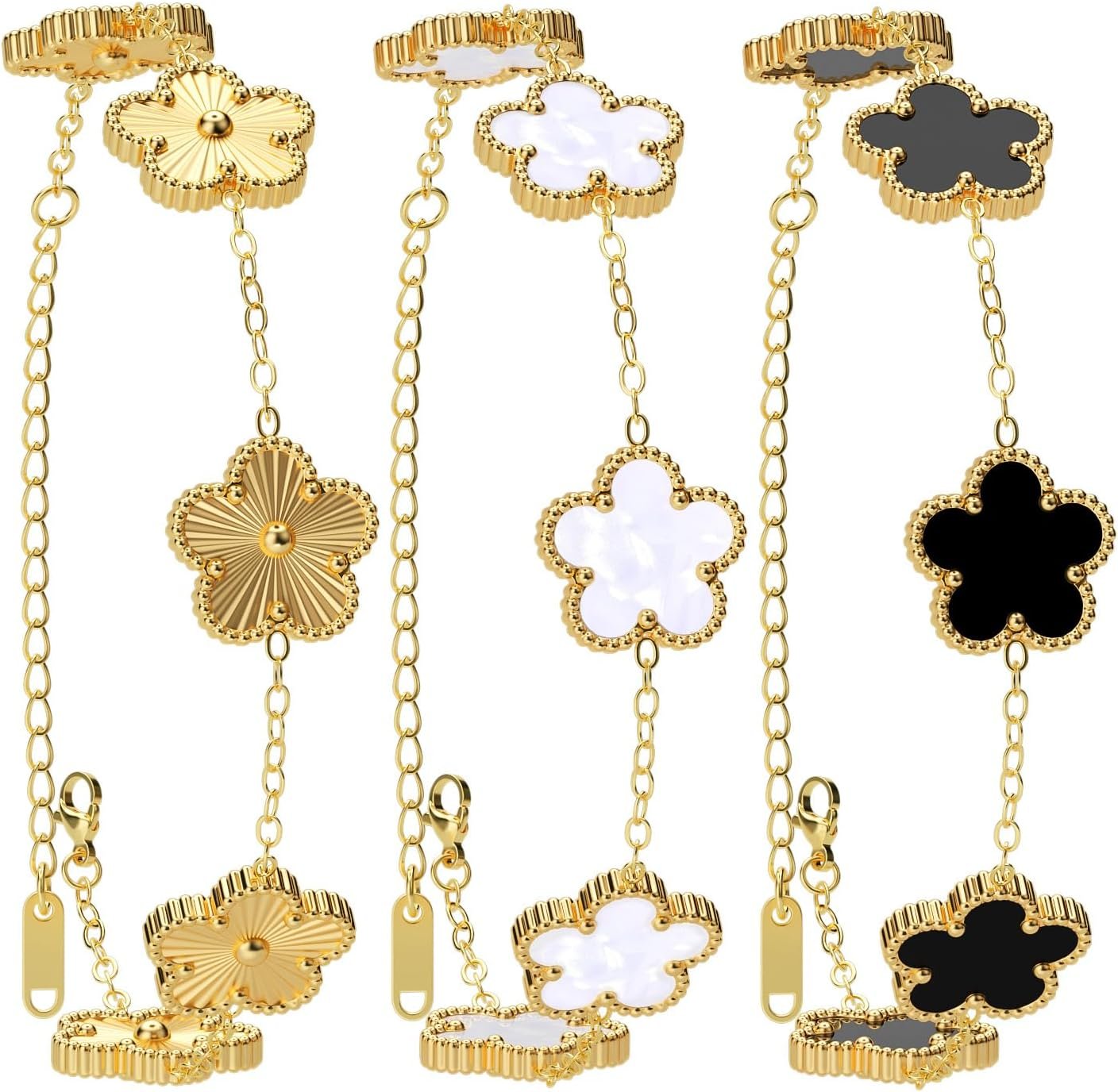 AICase 18K Gold Plated Clover Bracelet Dupes Gold/White/Black Bracelet Set for Women Flower Leaf Lucky Clover Bracelets Trendy Jewelry Birthday Gifts for Women/MoM/Friends