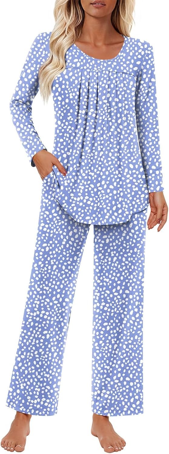 Findsweet Women’s Pajama Set 2 Piece Lounge Outfits Soft Sleepwear Fall Long Sleeve Long Pant With Pockets Ladies Pjs S-3XL