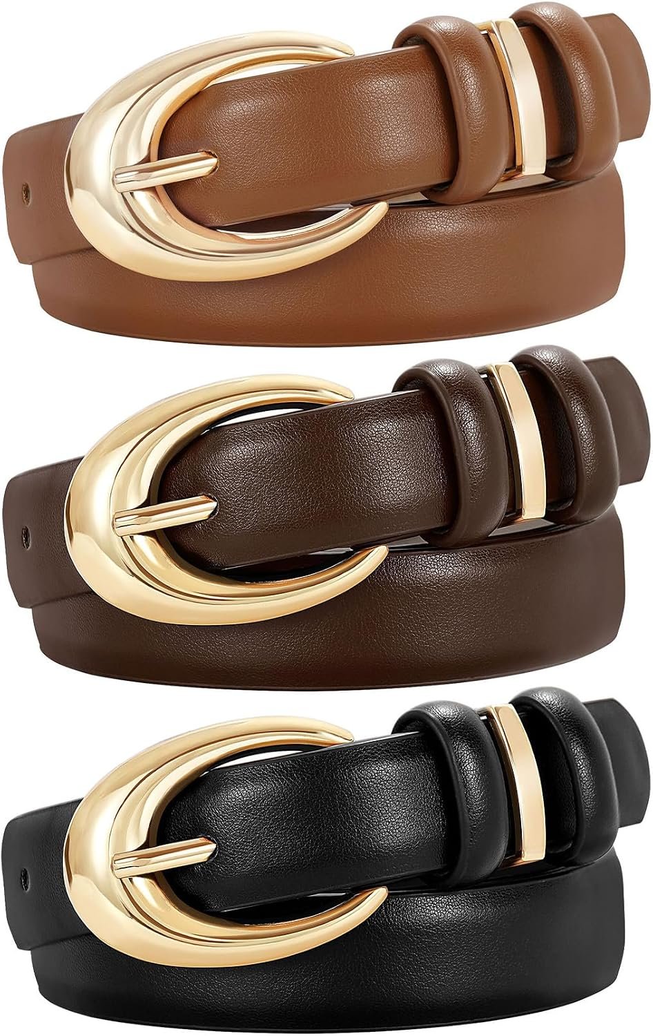 TRIWORKS 3 Pack Women Leather Belt for Jeans Pants Fashion Ladies Faux Leather Belt with Gold Buckle