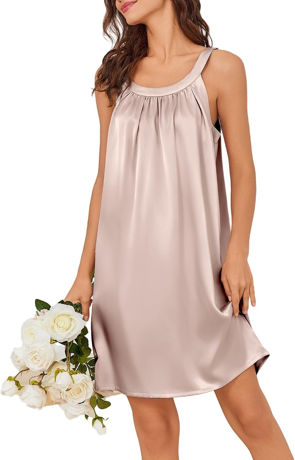 Ekouaer Silky Satin Nightgown for Women Sleeveless Sleepwear Tank O Neck Night Shirts Pleated Sleepshirt Casual Dress S-3XL