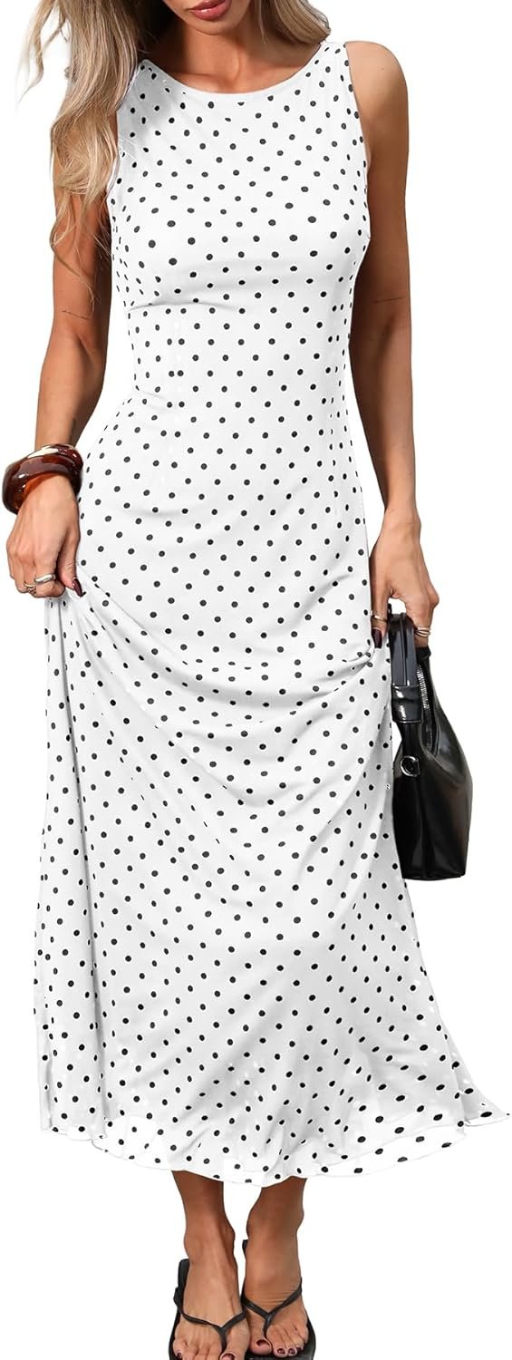 ELLEVEN Women’s Polka Dot Maxi Tank Dress, Sleeveless Boat Neck Bodycon Slim Fit Elegant Long Dress