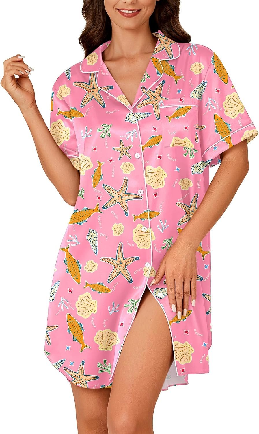 Vrtige Women’s Satin Nightgown Silk Short Sleeve Nightshirt Button Down Sleepshirt Sleepwear
