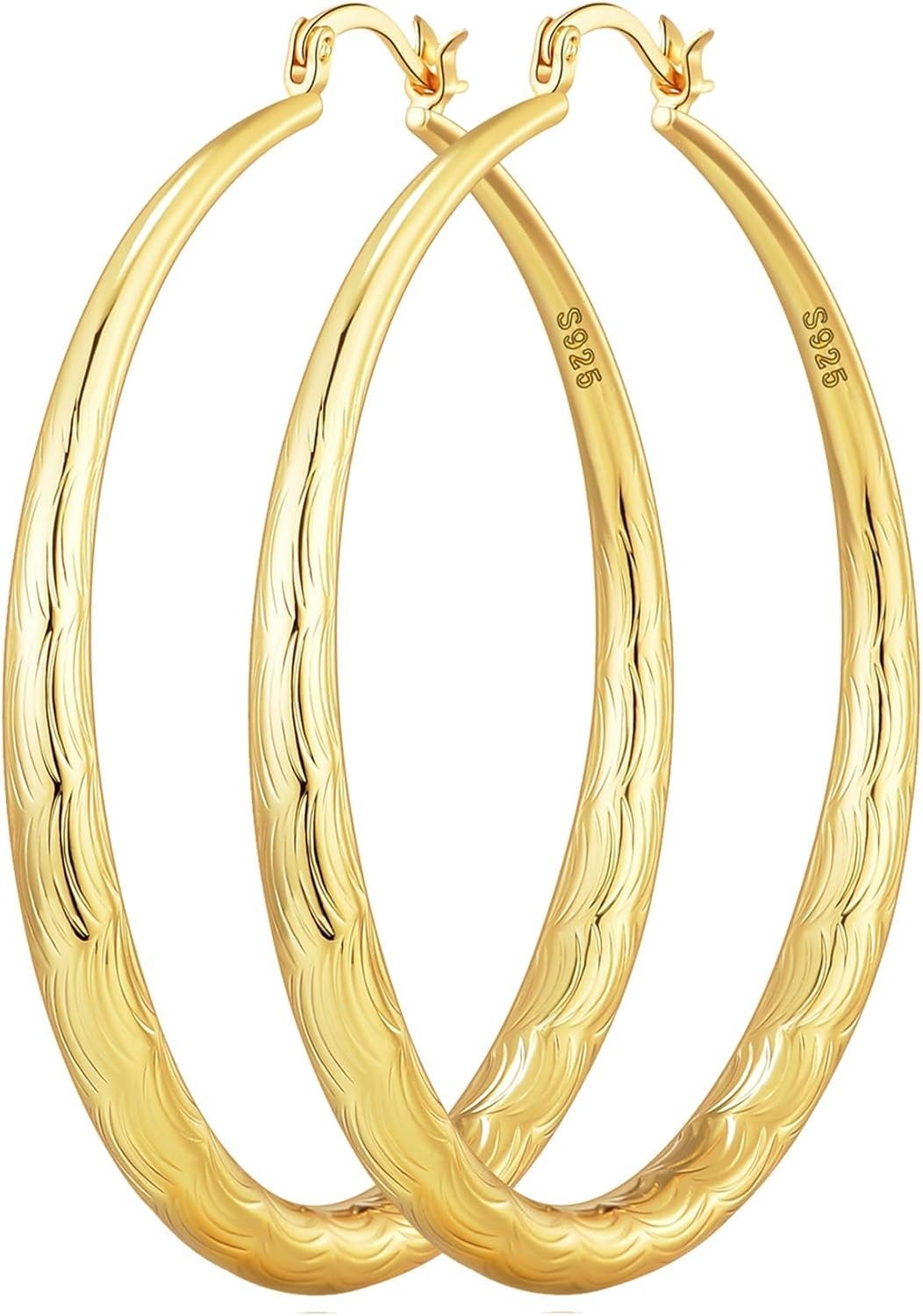 OOOPEL 925 Sterling Silver Hoop for Women Gold Hoop Earrings Hypoallergenic Diamond-Cut Ripples Designed – Non Tarnish Large Hoop Earrings(30/40/50/60/70mm)