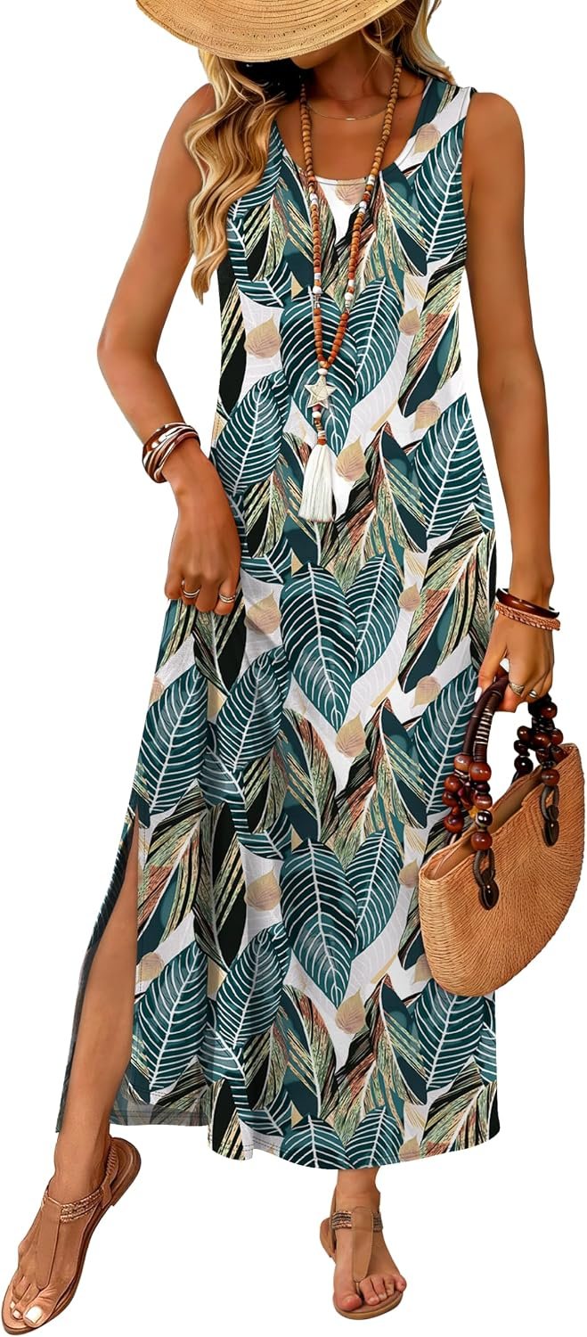 WIHOLL Maxi Dress Summer Dresses 2026 Beach Vacation Clothes Sleeveless Sundresses with Pockets Boho S-3XL