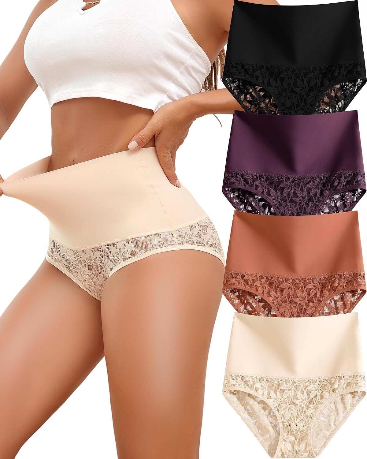 Shapewear for Women Tummy Control High Waisted Seamless Womens Underwear 4-Pack Sexy Lace Plus Size Panties