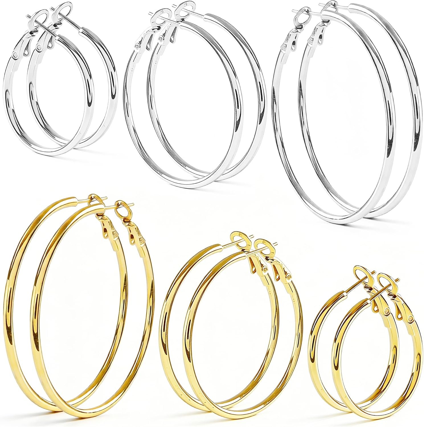 6 Pairs Silver Gold Hoop Earrings for Women – 14K Gold Plated 316 Stainless Steel, Hypoallergenic Lightweight 20/30/40/50/60/70mm Hoops Set
