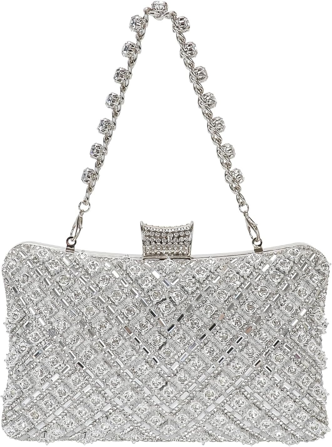Women Sparkly Rhinestone Clutch with Chains, Glitter Evening Handbag Purse Shoulder Bag for Wedding Party Prom