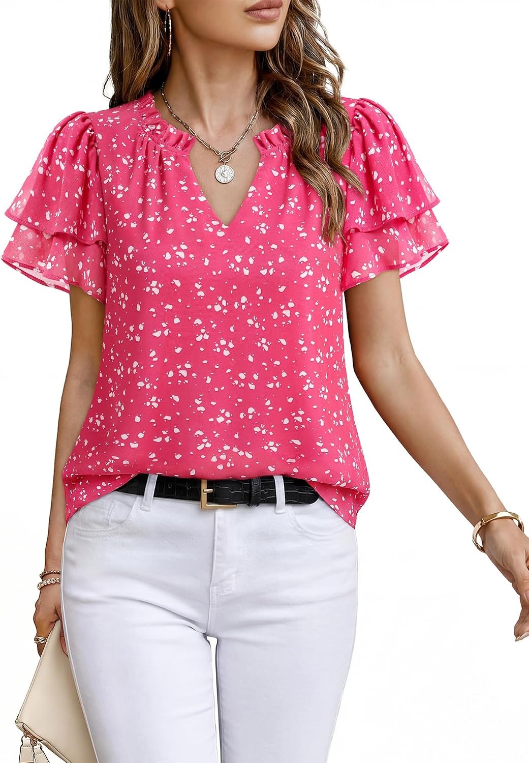 Timeson Womens Summer Tops Dressy Casual Short Sleeve Chiffon Blouses V Neck Business Work Shirts