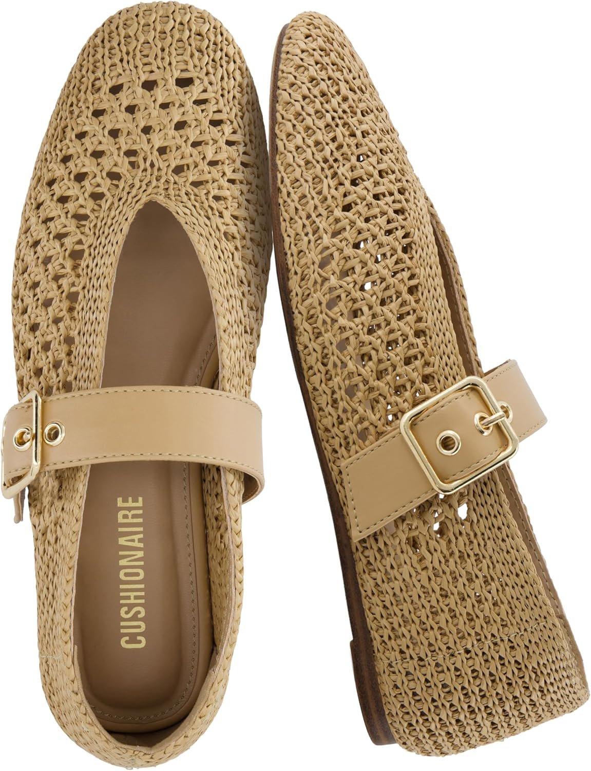 CUSHIONAIRE Gabby Woven Mary Jane Ballet Flats for Women, Comfortable Dressy Flat Shoes with Adjustable Gold-Tone Buckle and Memory Foam Cushioning