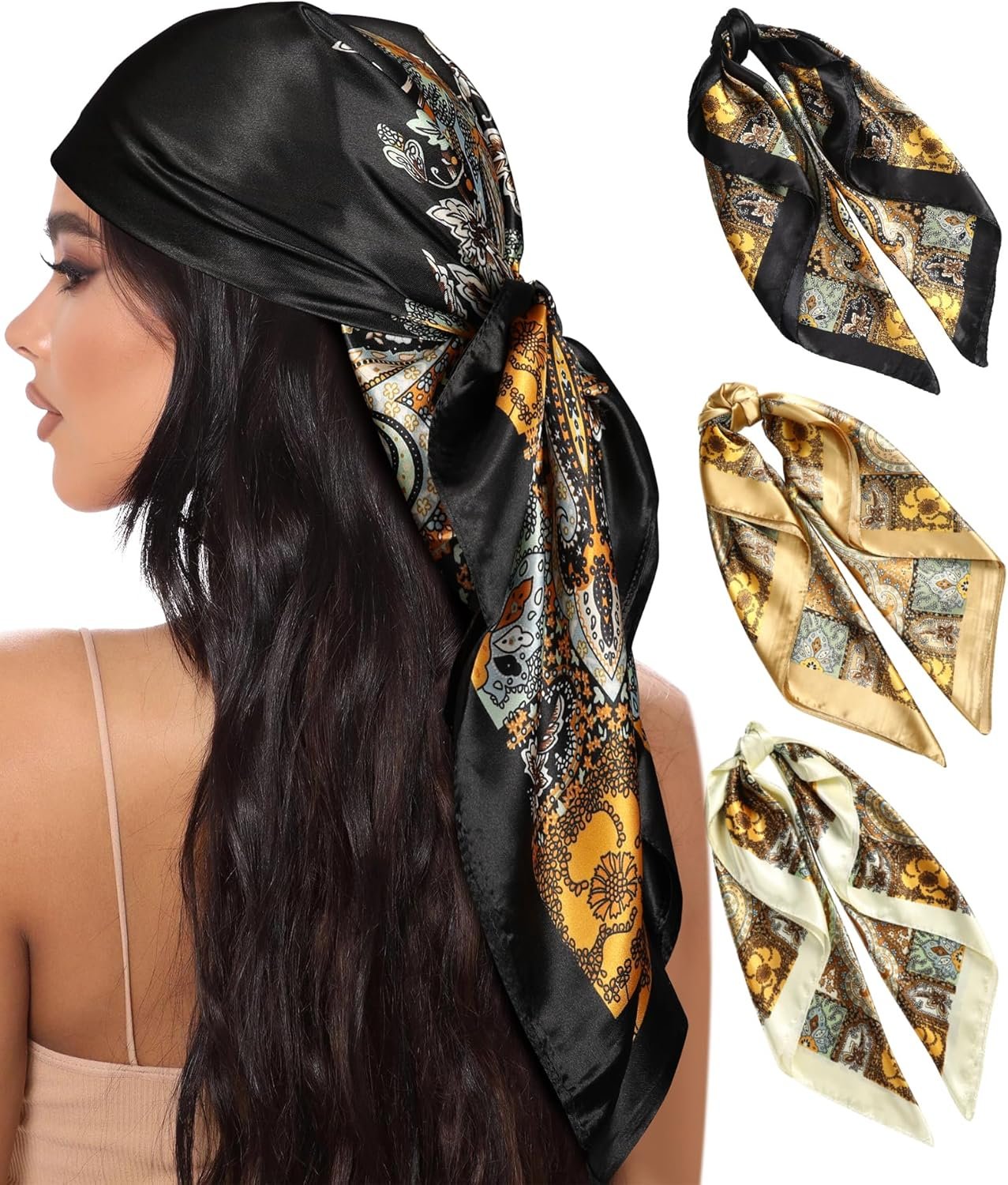 AWAYTR 35” Large Square Satin Head Scarf – 3Pcs Satin Hair Scarves Silk Bandana Scarf Headscarf Silk Feeling Scarf for Women