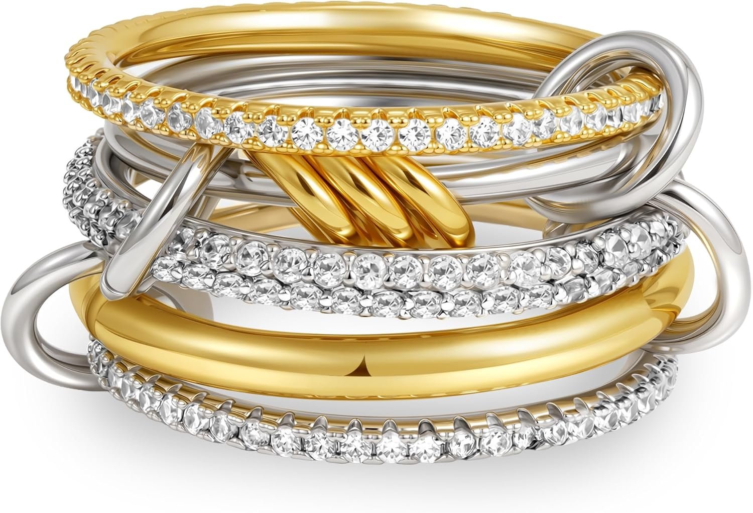 Gold Stackable Rings for Women, 18K Gold Plated Cubic Zirconia Rings Spinelli Silver Gold Multi Ring Mixed Metals Stackable Ring Set for Women Non Tarnish