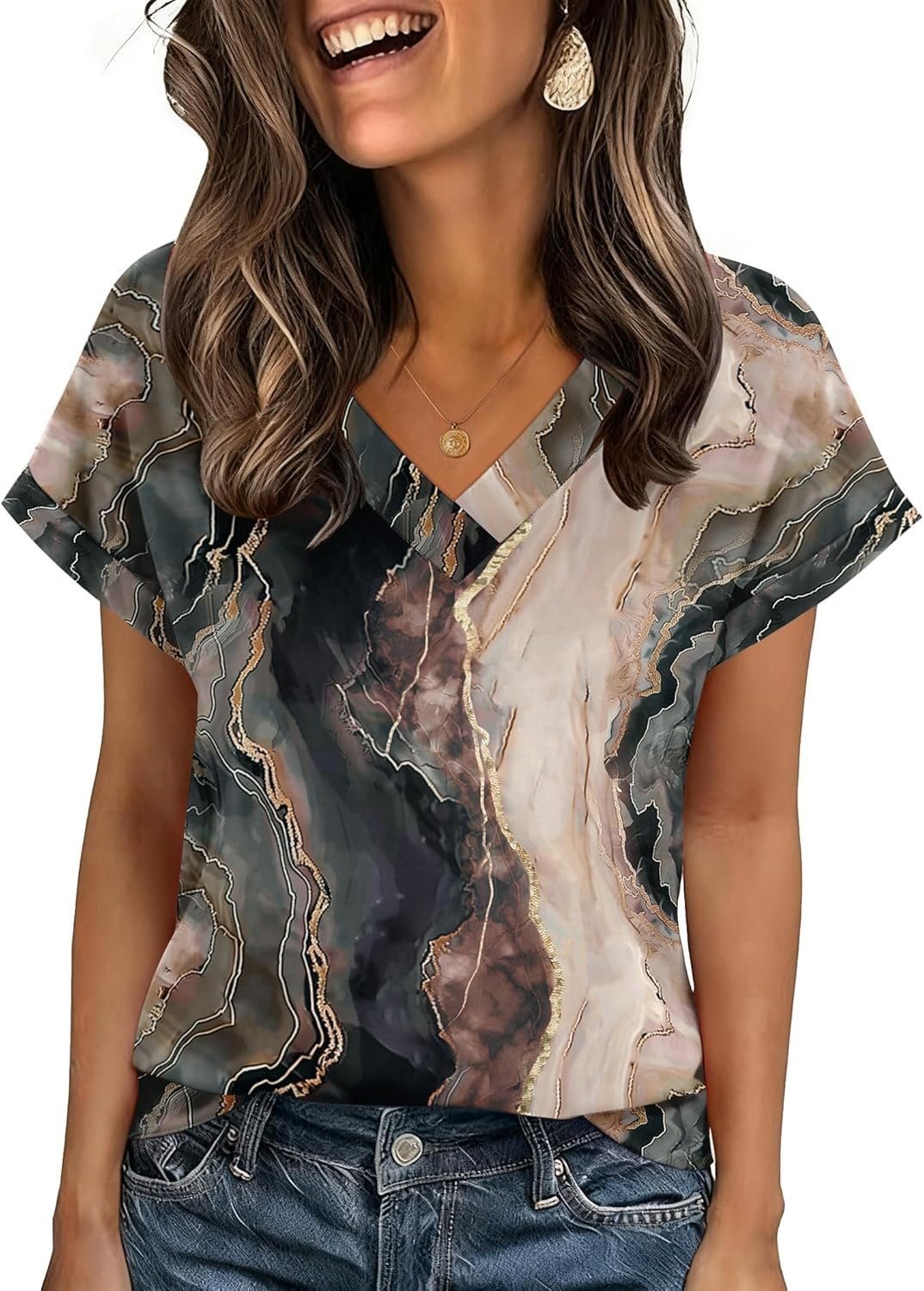 Zeagoo Womens Summer Tops Rolled Short Sleeve V Neck Shirts Casual Dressy Business Work Blouses Outfits
