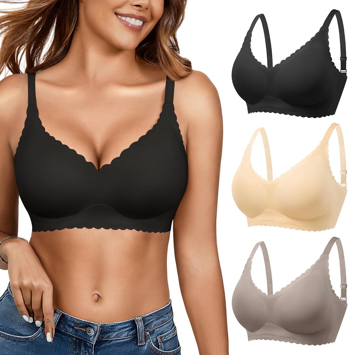 Seamless Jelly Bras for Women 3 Pack – Deep V Wireless Push Up No Wire Womens Bra Padded Comfort with Support for Gifts