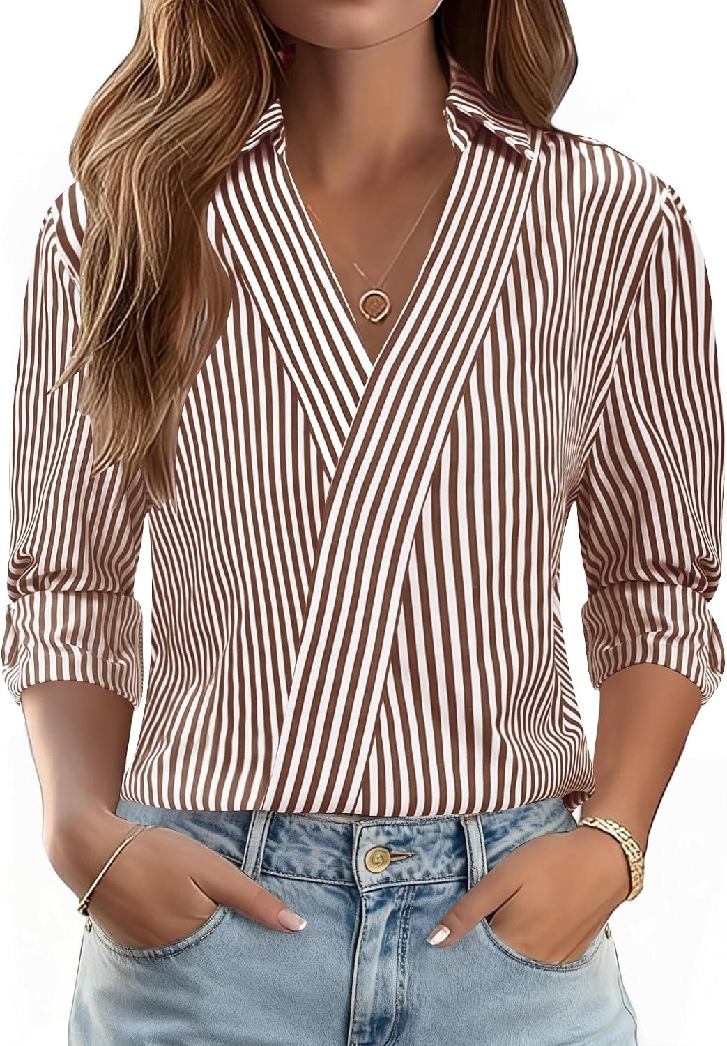 LOMON 3/4 Length Sleeve Womens Tops Dressy V Neck Collared Shirts Trendy Business Casual Work Blouses Vacation Outfits 2026