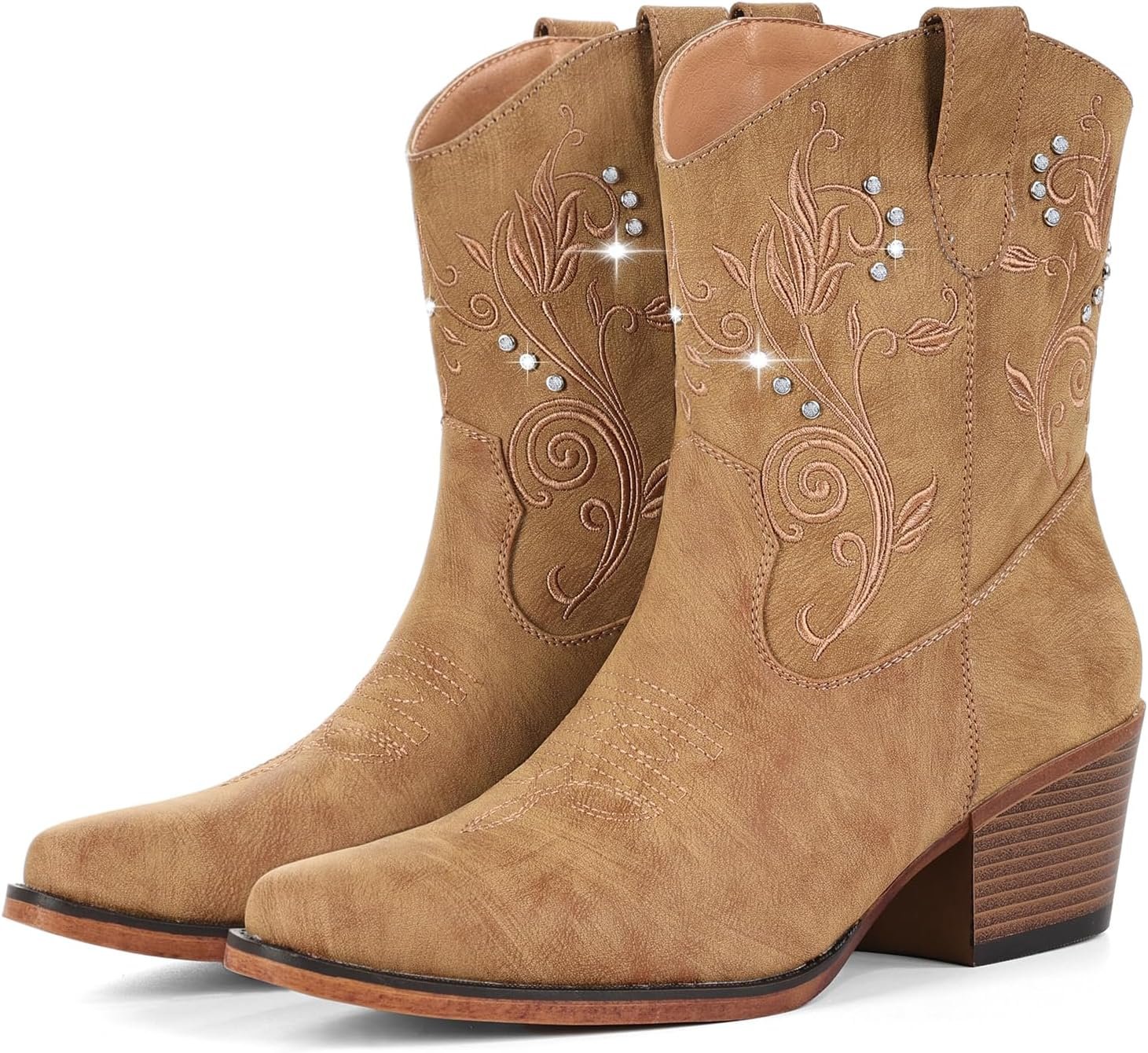 IUV Cowboy Boots for Women Ankle Cowgirl Boots with Embroidered Rhinestone Decor Chunky Heel Snip Toe Classic Western Wide Booties
