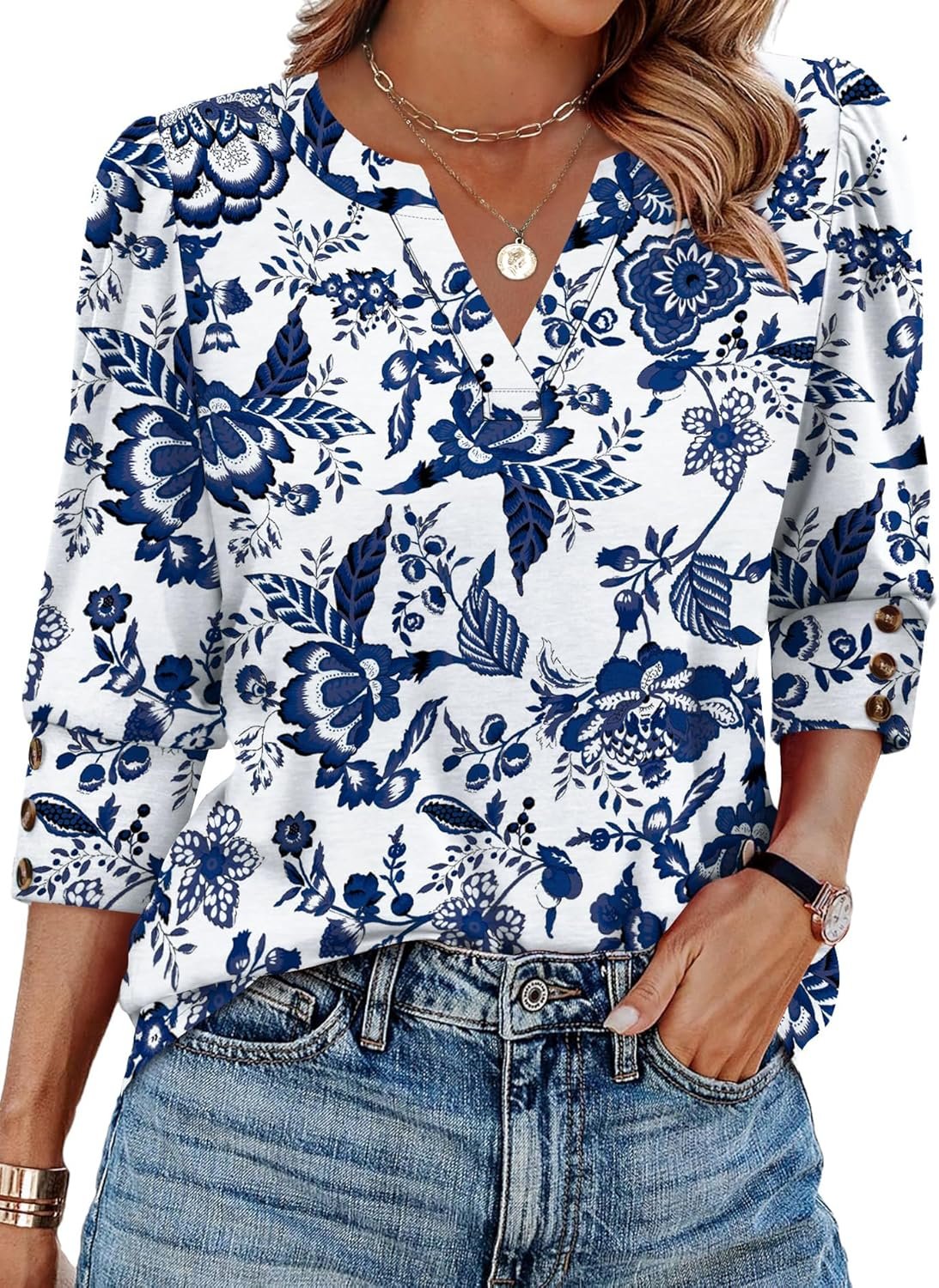 WIHOLL 3/4 Length Sleeve Womens Tops with Button Cuffs Dressy Casual V Neck Summer Outfits Early Fall Fashion Spring Clothes