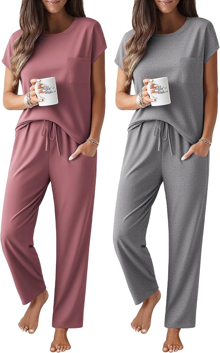Ekouaer 2 Packs Pajamas for Women Set Cap Sleeve Top and Pants Soft Sleepwear Comfy Pjs Set with Pockets Loungewear