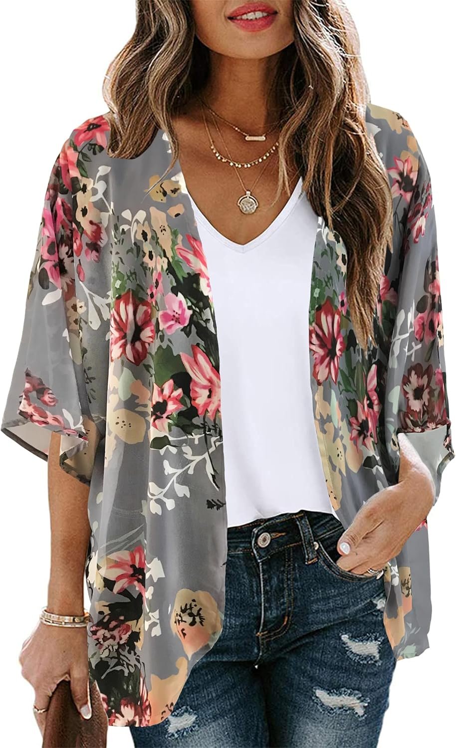 Women’s Floral Print Puff Sleeve Kimono Cardigan Loose Cover Up Casual Blouse Tops 2026
